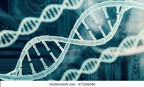 Biotechnology bioinformatics concept of DNA and circuit board, DNA over PC electronics board  3d render 