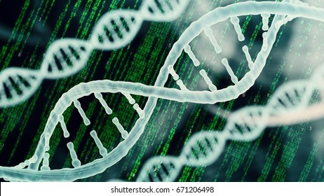 Biotechnology bioinformatics concept of DNA and computer code running in background, DNA and programming code , 3d render 