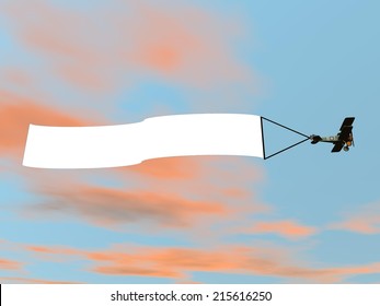 Biplane aircraft pulling advertisement banner in colorful sunset sky - 3D render