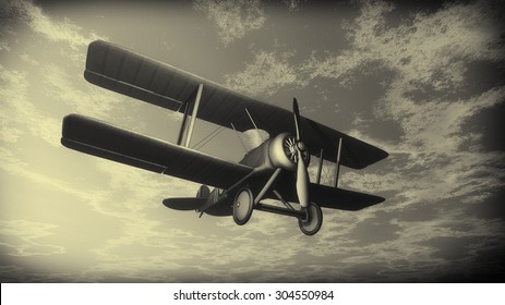 Biplane flying in the sunset cloudy sky, vintage style - 3D render