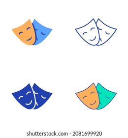 Bipolar Disorder Icon Set In Flat And Line Style. Smiling And Sad Theatre Masks. Mood Change Symbol.