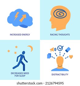 Bipolar Disorder, Mania Or Hypomania Phase Flat Icon Set. 