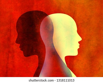 Bipolar Disorder Mind Mental Concept. Change Of Mood. Emotions. Dual Personality. Split Personality. Head Silhouette Of Man