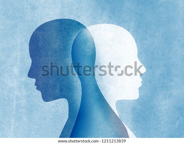 躁鬱病です 個性が分かれる 気分障害 二重人格のコンセプト 青の背景にシルエット のイラスト素材