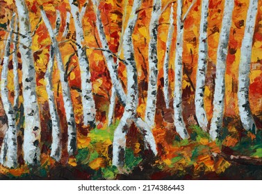 Birch Grove In Autumn. Birch Forest On An Orange Background. Modern Watercolor Painting.