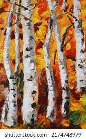 Birch Grove In Autumn. Birch Forest On An Orange Background. Modern Watercolor Painting.