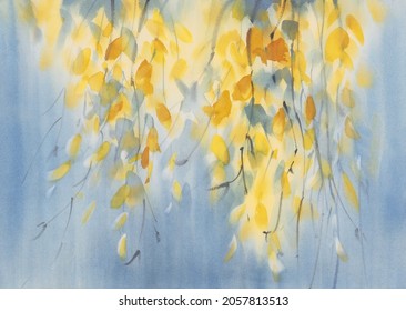 Birch Tree Branches With Leaves Watercolor Background. Autumn Illustration