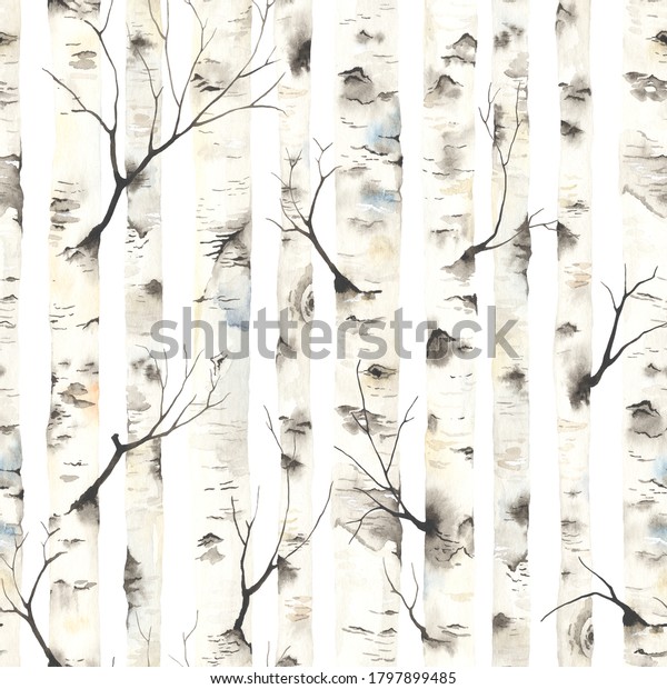 Birch trees with branches, watercolor seamless\
pattern. Forest illustration of stems on white background, nature\
template.