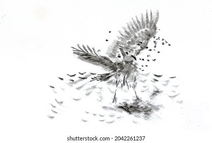 Bird Blue Jay Is Taking A Bath ,in Ink Painting.