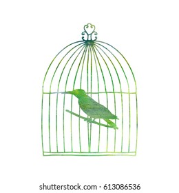 Bird in a cage drawing by blue watercolor, hand painted silhouette