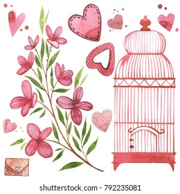 Bird cage with flowers. Watercolor pink set of elements for Valentine's day. Scrapbook design elements. Typography poster, card, label, banner design set.