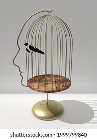 Bird In Cage Surreal Look As Human Head Symbol Of Willing To Be Free 3d Illustration