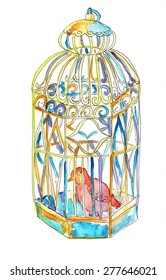 Bird in the cage watercolor illustration