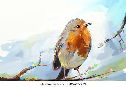Bird. Digital Painting, In Oil Painting Style.