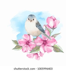 Bird And Flowers. Watercolor Painting