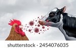 Bird Flu And Dairy Cows Spreading Highly Pathogenic Avian Influenza or HPAI  to a milking cow as a farm virus or livestock health risk for global infection outbreak with 3D illustration elements.