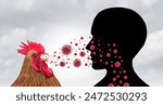 Bird Flu And Human Infection Spreading Highly Pathogenic Avian Influenza or HPAI  to a person as a farm virus or livestock health risk for global infection outbreak with 3D illustration elements.
