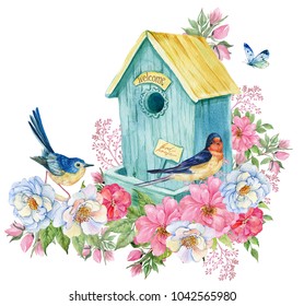 Bird House, Swallow And Blue Bird, Butterfly. Spring Card Watercolor Illustration