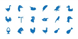 Bird Icon. Collection Of 18 Bird Filled Icons Such As Goose, Chicken, Sparrow, Feather, Meat Leg, Weather Vane, Egg, Eagle, Rooster. Editable Bird Icons For Web And Mobile.