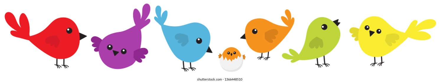 Bird icon set line. Cute cartoon colorful character. Birds baby collection. Decoration element. Singing song. Insect, shell nesting. Flat design. White background. Isolated.  - Shutterstock ID 1366448510