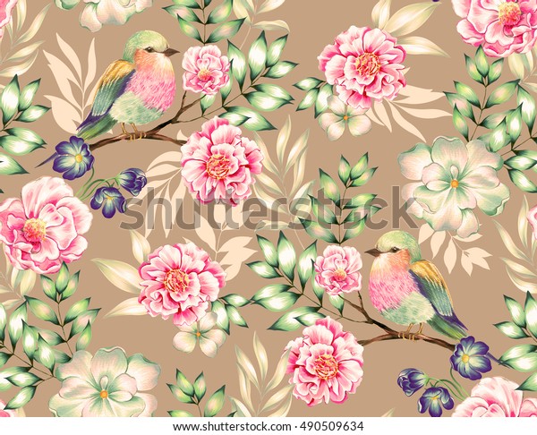 鳥の柄 エキゾチックな鳥とシームレスな天の花柄 詳細なアンティークスタイルのイラスト ライラック ブレースト ローラー鳥のツバキの木 美しい花 の イラスト素材