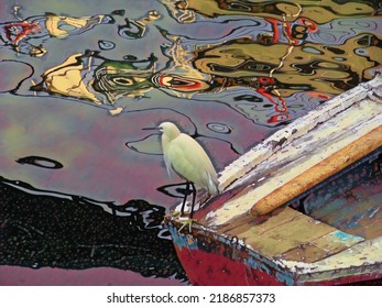 A Bird Perch On A Rowboat With Abstract Reflection In The Water Of The Nile River In Egypt. 