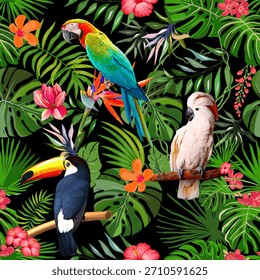 bird Seamless pattern with abstract exotic leaves, plants, birds and parrots. Summer tropical natural pattern. Vector graphics. 