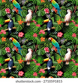 bird Seamless pattern with abstract exotic leaves, plants, birds and parrots. Summer tropical natural pattern. Vector graphics.