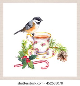 Bird, Tea Cup, Christmas Tree Branch With Cone And Candy Cane. Tea Party Card. Watercolor For Teatime