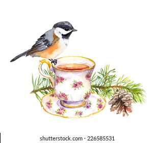 Bird, Tea Cup And Pine Tree Branch With Cone. Tea Time Water Colour 