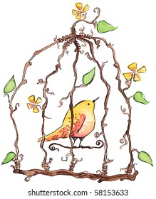 Bird in Twig cage