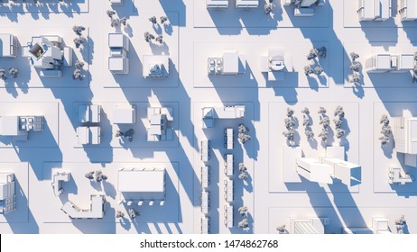 Bird View Aerial Shot Of City Streets On Sunset. 3D Render