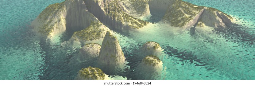 A bird view of tropical island with turquoise waters. 3d illustration