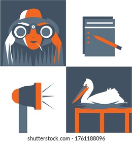 Bird Watching, Icon Set, Vintage Poster, Minimal Duotone Illustration. Man Or Woman Looking Through Binoculars On Pelican, List, Bullhorn