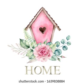 Birdhouse with flowers.Watercolor illustration on white background.