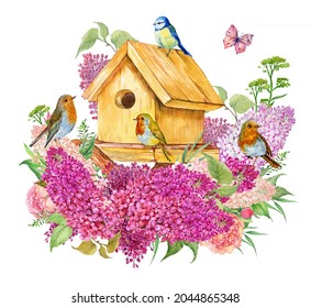 birdhouse lilac flowers and birds watercolor illustration on an isolated white background