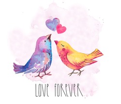 Birds In Love. Valentine's Day. Love Forever. Birds And Hearts. Watercolor Illustration On White Background. Isolated. Postcard. Wedding Card.