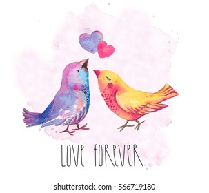 Birds in love. Valentine's Day. Love forever. Birds and hearts. Watercolor illustration on white background. Isolated. Postcard. Wedding card. - Powered by Shutterstock