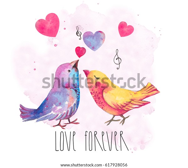 恋の鳥 バレンタインデー 永遠の愛 鳥と心 白い背景に水彩イラスト 分離型 はがき ウエディングカード のイラスト素材