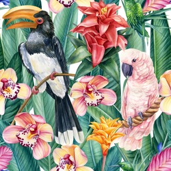 Birds Toucan, Cockatoo And Flowers, Watercolor Illustration, Seamless Pattern, Tropical Background,