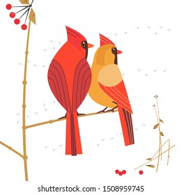 Birdwatching Icon. Red Northern Cardinal Couple Comic Flat Cartoon. Winter Birds Of Backyard, City Garden. Minimal Simple Stylized Bird Design. Wildlife Scavenger Hunt Banner Sign Flat Illustration