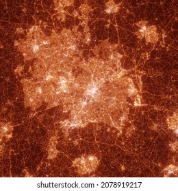 Birmingham City Lights Map, Top View From Space. Aerial View On Night Street Lights. Global Networking, Cyberspace. High Resolution