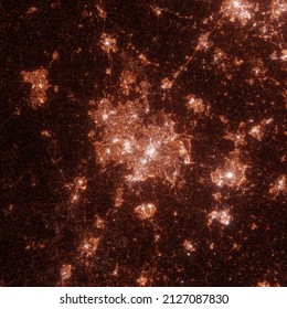 Birmingham City Lights Map, Top View From Space. Aerial View On Night Street Lights. Global Networking, Cyberspace. High Resolution