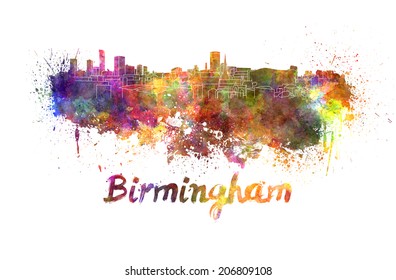 Birmingham skyline in watercolor splatters with clipping path