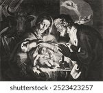 The birth of Christ after Abraham Bloemaer (1625) by Cornelis Bloemaert. Jesus Christ illustration. Vintage Christ religious art drawing illustration, old Christianity religion painting art print.