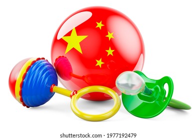 Birth Rate And Parenting In China Concept. Baby Pacifier And Baby Rattle With Chinese Flag, 3D Rendering Isolated On White Background