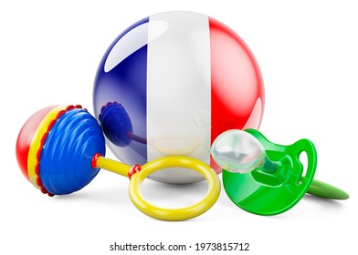 Birth Rate And Parenting In France Concept. Baby Pacifier And Baby Rattle With French Flag, 3D Rendering Isolated On White Background