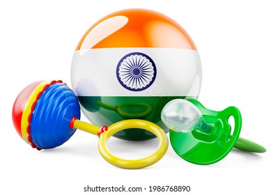 Birth Rate And Parenting In India Concept. Baby Pacifier And Baby Rattle With Indian Flag, 3D Rendering Isolated On White Background