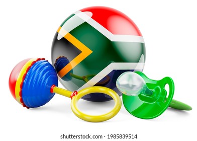 Birth Rate And Parenting In South Africa Concept. Baby Pacifier And Baby Rattle With South African Flag, 3D Rendering Isolated On White Background