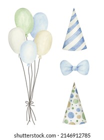 Birthday Baby Boy Watercolor Clipart Collection. Balloons, Birthday Hat And Bow Tie. Soft Siple Elements For Design Postards, Invitation